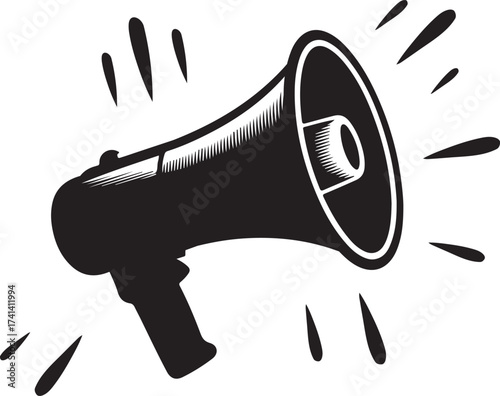 Black megaphone illustration with sound waves.