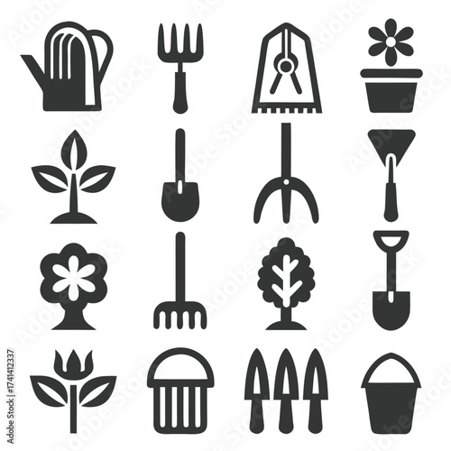 Collection of garden icons including watering can rake shovel trowel plant pot tree and flower gardening