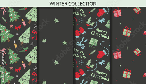 Set of Christmas patterns with cute chalk doodles. Crayon style. Dark seamless backgrounds. Xmas ornaments