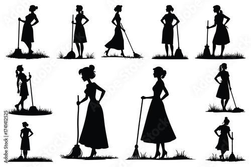 Silhouettes of women with brooms in various poses woman