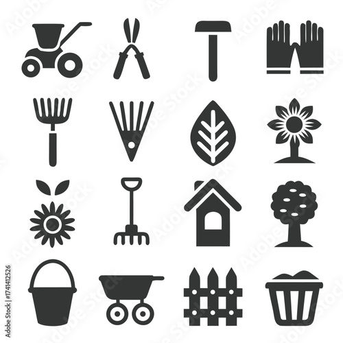 Collection of garden tools and elements icons in dark gray vector
