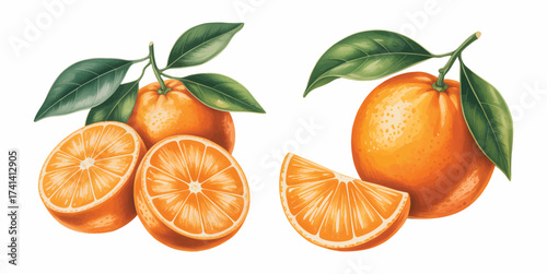 Fresh ripe orange watercolor painting with green foliage. Watercolor citrus fruit whole and cut pieces.