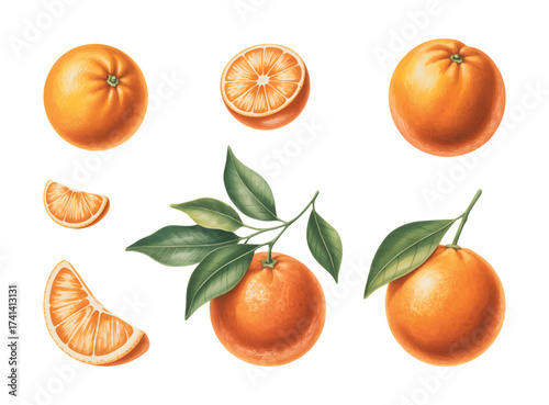 Fresh ripe orange watercolor painting with green foliage. Watercolor citrus fruit whole and cut pieces.