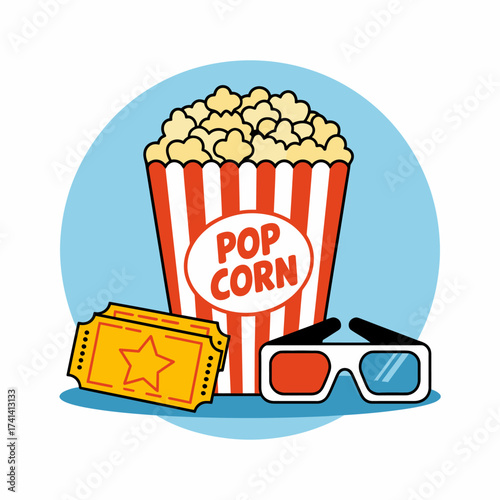 An engaging image of classic popcorn in a striped bucket, paired with 3D glasses and movie tickets, embracing the excitement of cinema and the joy of watching films.