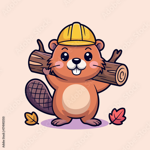A cheerful cartoon beaver is holding a log and wearing a hard hat, representing industriousness and nature while embodying playful charm in a colorful and vibrant background.