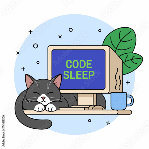 This illustration depicts a gray cat comfortably sleeping next to a computer while emphasizing the humorous theme of coding and the need for rest in a playful way.