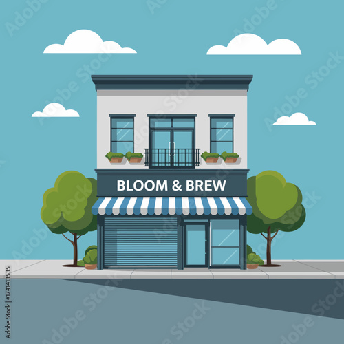 An inviting illustration of a quaint coffee shop named Bloom & Brew, showcasing a charming storefront with a striped awning and potted plants, ideal for leisurely outings.