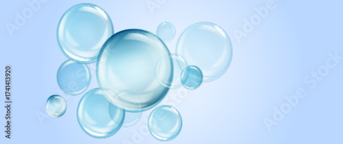 Blue bubbles on a transparent background. Realistic soap bubble element vector set. Vector illustration