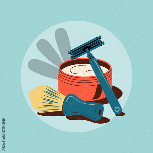 This playful illustration showcases a classic shaving kit with a razor and cream, epitomizing grooming elegance and traditional methods infused with a modern, artistic flair.