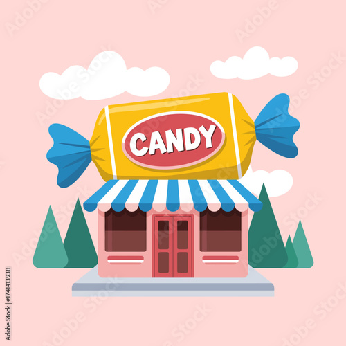 A vibrant candy shop featuring a large candy display on top, inviting customers with its colorful design and sweet offerings, perfect for enticing kids and adults alike.