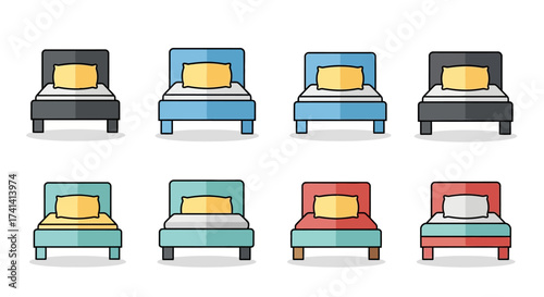 Flat Line Colorful Isolated Bed with Pillow Variation Furniture Icon Set