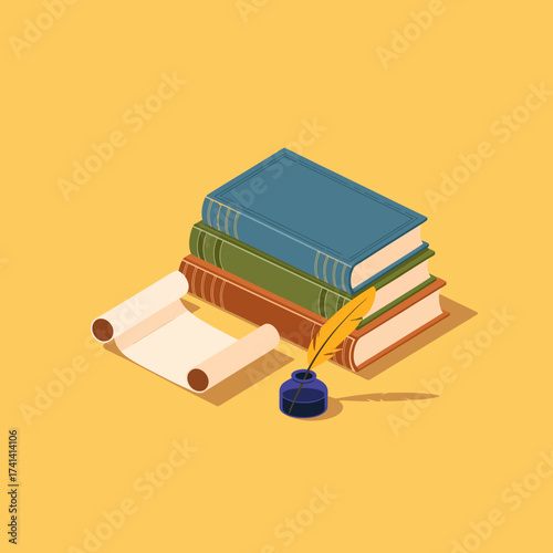 This elegant still life showcases a collection of classic books, an inkwell, and a quill, emphasizing the importance of literature and education in a thought-provoking artistic style.