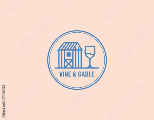 A minimalist logo representing 'Vine & Gable' featuring a house and a wine glass, outlining the essence of a winery and hospitality business in a fresh and modern way.