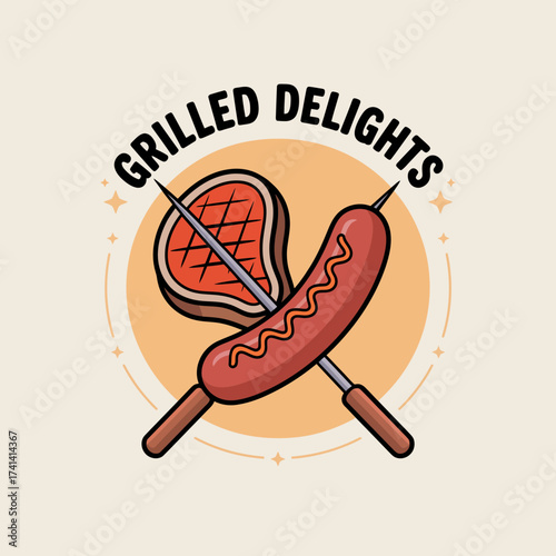 A playful and inviting logo for a grilled food brand featuring meat elements, embodying deliciousness and the joy of outdoor grilling experiences.