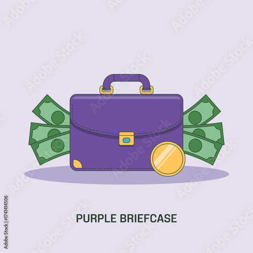 This vibrant illustration features a purple briefcase accented with money and coins, creatively representing concepts of finance, wealth, and business transactions in a fun way.