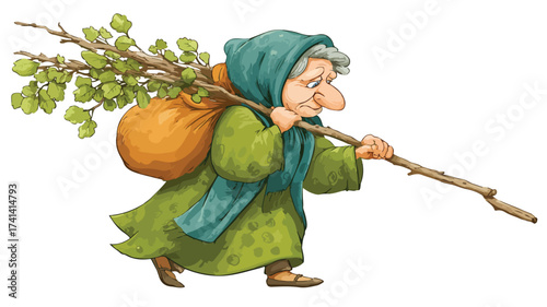 Charming Elderly Woman Walking with Cane Cartoon Vector Illustration