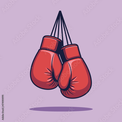 This image showcases a pair of red boxing gloves suspended, representing athleticism, competition, and the spirit of sportsmanship, suitable for promotions in sports or fitness.