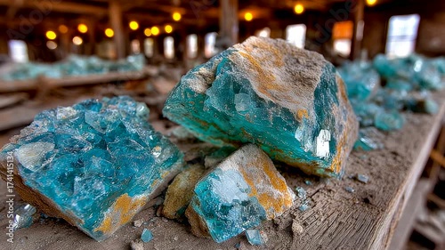 Bright Blue Green Crystals on Rough Wooden Surface in Warmly Lit Industrial Warehouse