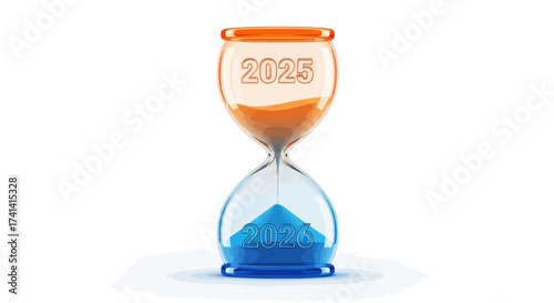 Hourglass with 2025 on top orange sand running into blue sand below.