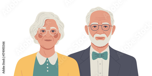an elderly couple, a smiling grandmother and grandfather wearing glasses and formal clothing, symbolizing family, love, aging, and senior lifestyle.