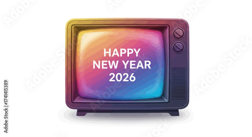 Vintage television displaying Happy New Year 2026 with colorful screen.