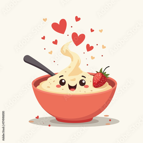 World Porridge Day vector illustration of steaming oatmeal bowls topped with berries, honey, and nuts, cozy breakfast scene, flat solid color design, friendly and appetizing food art