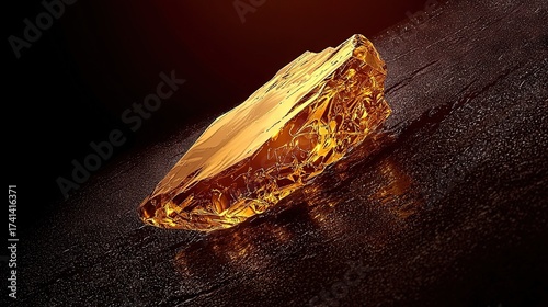   A yellow diamond rests atop a black table, alongside a red and yellow object situated on a black surface