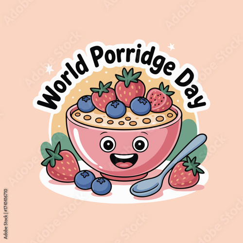 Vector illustration of healthy oatmeal porridge with berries, nuts, and warm steam, top-down flat design, cozy breakfast atmosphere, minimalist solid color style, World Porridge Day concept