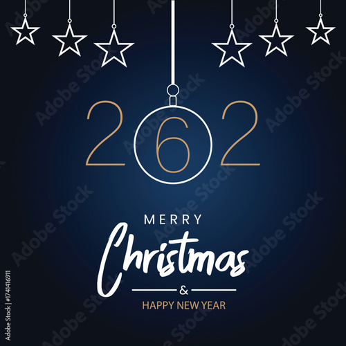 Elegant merry christmas and happy new year greeting background with stylized 2026 numbers and hanging star and bauble ornaments on a dark blue background, festive holiday celebration concept