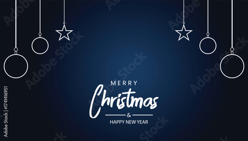 Simple merry christmas and happy new year greeting background with sparse outline star and bauble ornaments hanging from strings on a dark blue background, festive holiday celebration concept