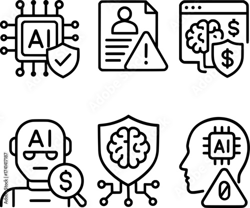 ai powered fraud detection line icon set