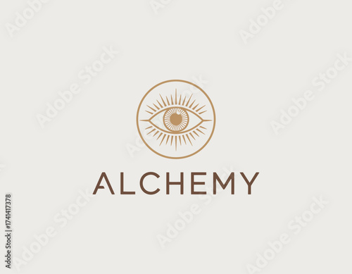 The image illustrates an elegant alchemy symbol featuring an eye, surrounded by rays, representing insight, transformation, and the mystical aspects of alchemical practices.