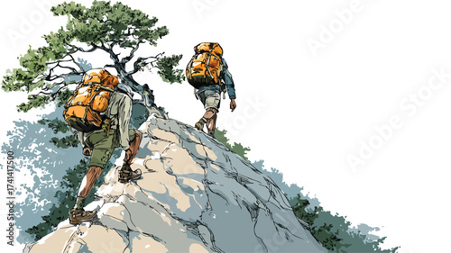 Ultimate Adventure: Hikers Embracing Nature's Challenge Ascending Peak
