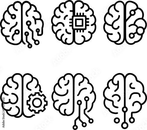 human brain technology fusion vector icon set