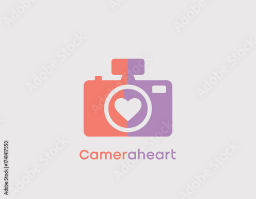 A chic and modern logo design featuring a camera with a heart in the lens, representing love for photography and capturing beautiful moments.