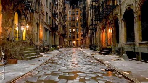 Cobblestone Alley with Wet Street and Old Brick Buildings Illuminated by Warm Streetlights