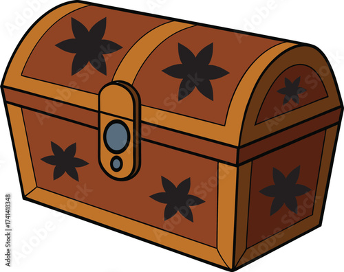A vintage wooden treasure chest with a curved lid decorated with black stars and a brass latch isolated on a white background