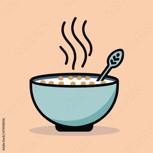 Vector illustration of healthy oatmeal porridge with berries, nuts, and warm steam, top-down flat design, cozy breakfast atmosphere, minimalist solid color style, World Porridge Day concept