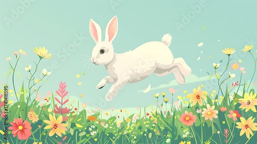 Whimsical Meadow Run: A white rabbit leaps across a flower-filled meadow on a soft spring day