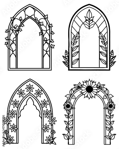 Wedding floral arch frame, Vintage classic anniversary decorative graphic, antique line spring celebration kit. Wedding frame. 