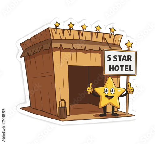 Cartoon star character promoting a 5-star hotel with wooden hut  