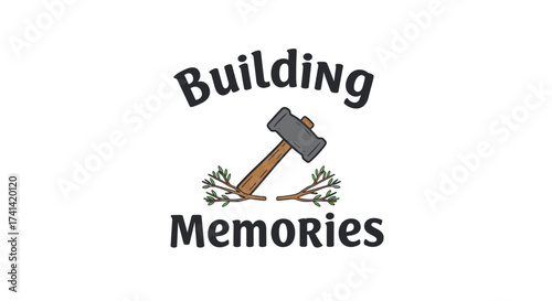 Building memories with a hammer and branches on a white background  