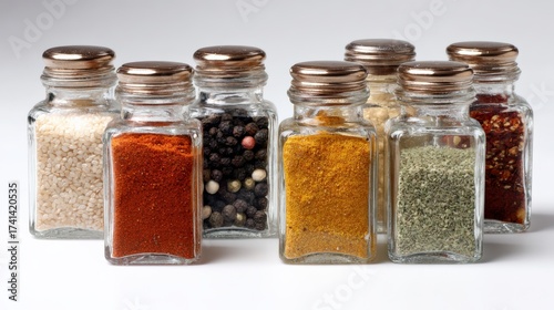Variety of spice jars featuring colorful seasonings on a clean background