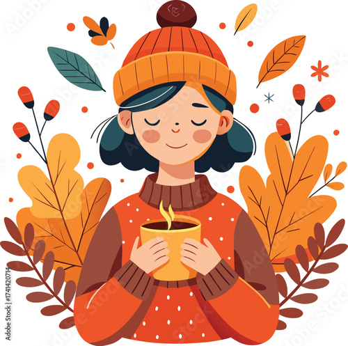 Cozy Autumnal Scene A Girl with a Hat and Sweater Holds a Cup Surrounded by Fall Foliage
