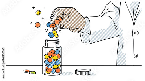 Pharmacist Filling Medication Bottle with Colorful Pills - Professional Pharmacy Stock Photo