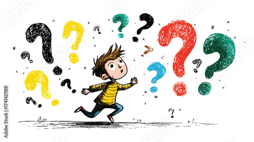 Playful Boy with Floating Question Marks Cartoon Illustration