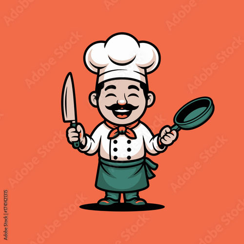 A cheerful cartoon chef is excitedly holding a knife and a frying pan, showcasing his culinary skills and love for cooking, perfect for food-related themes.