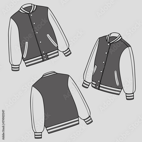 Three letterman jackets are arranged on a light gray background. Two jackets face forward, one angled slightly left, the other right. A third jacket shows the back view, positioned below. Jackets feat