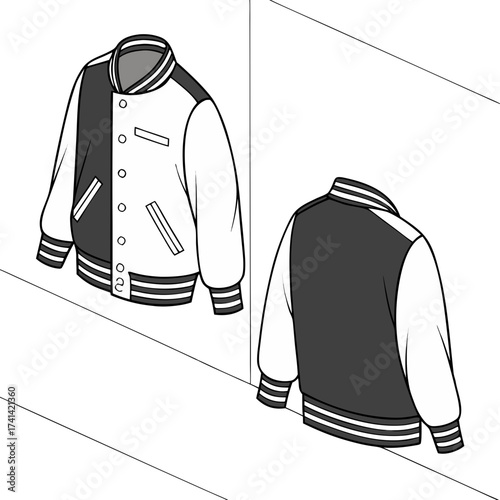 Two isometric views of a varsity jacket are displayed, front and back. The jacket features a dark gray body with white sleeves, ribbed white and dark gray cuffs, collar, and hem. Buttons are visible o
