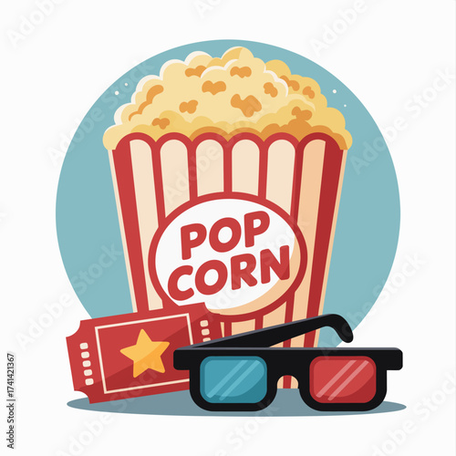 This vibrant illustration features a large popcorn tub and 3D glasses, evoking the nostalgia of movie theaters and the joy of enjoying films with friends.